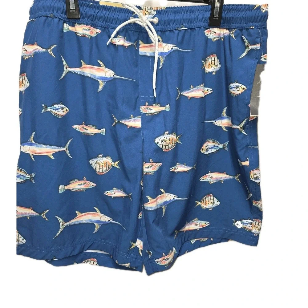 Mens Ocean Coast Lined Swim Shorts Blue Rainbow Fish New Sz XL Coastal Beach